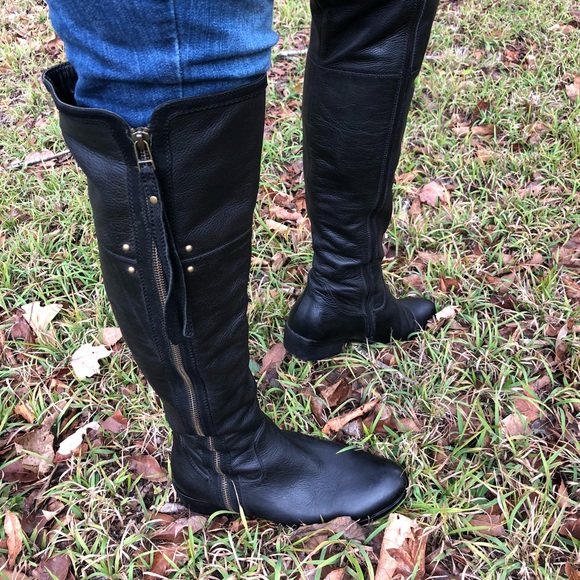 Urban Soul Boots 7.5 Sz 38 Over the Knee Black Leather Zip Classic Riding Style
